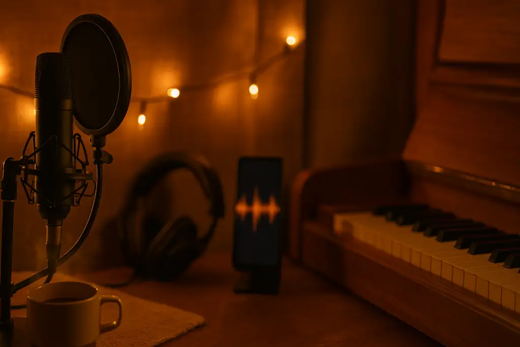 Micro, casque et piano dans un studio, préparation à l'enregistrement vocal