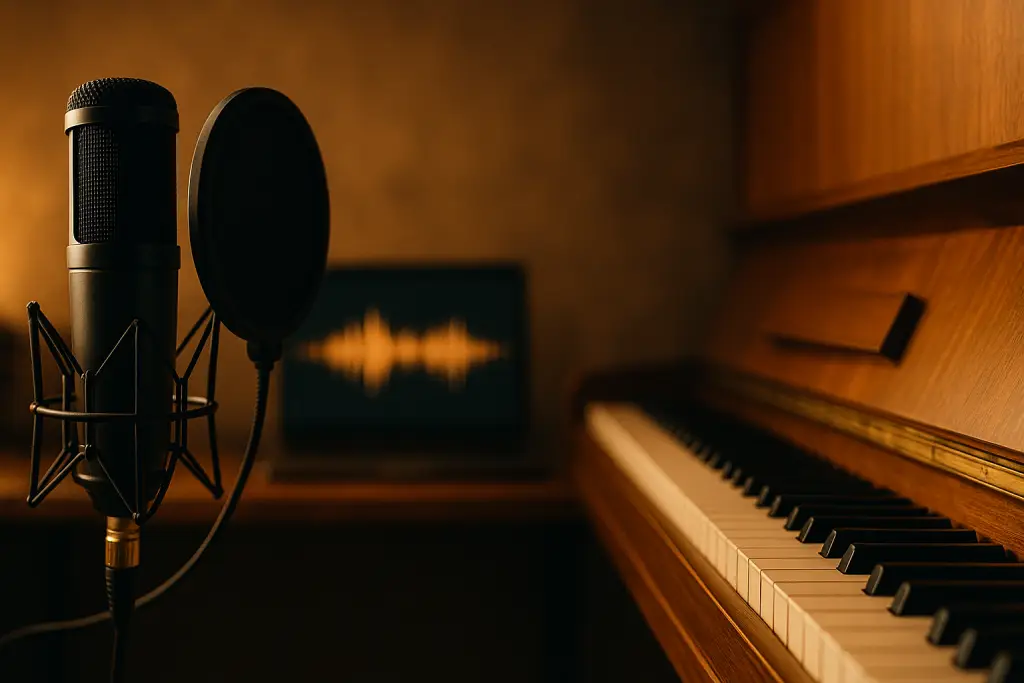 Piano et micro dans un studio chaleureux, accompagnement de la voix