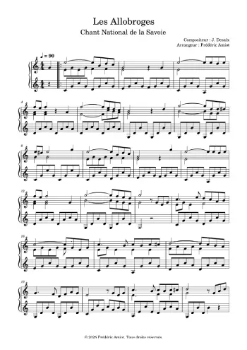 Partition pour Piano de « Les Allobroges », Chant National de la Savoie