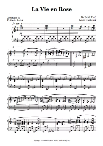 Piano Sheet Music of La Vie en Rose - Edith Piaf
